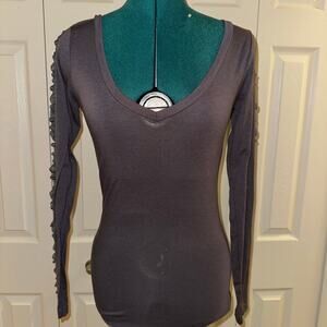 Grey V Neck Long Sleeve Top